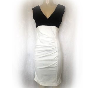 Flavio Castellani Sheath Dress Black White Ruched V Neck Sleeveless S